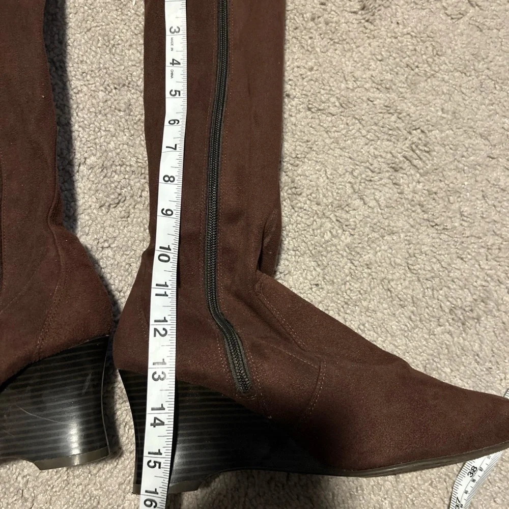 Brown Stretch Faux Suede Wedge Heel Zipper Boots 8
